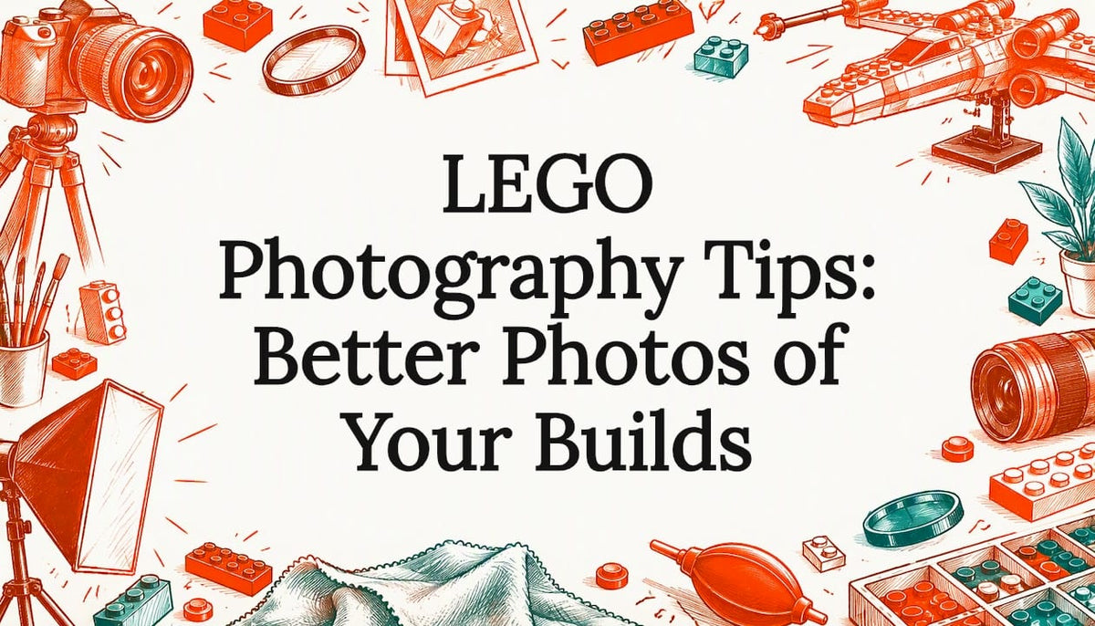 Sketch-framed title card about LEGO photography